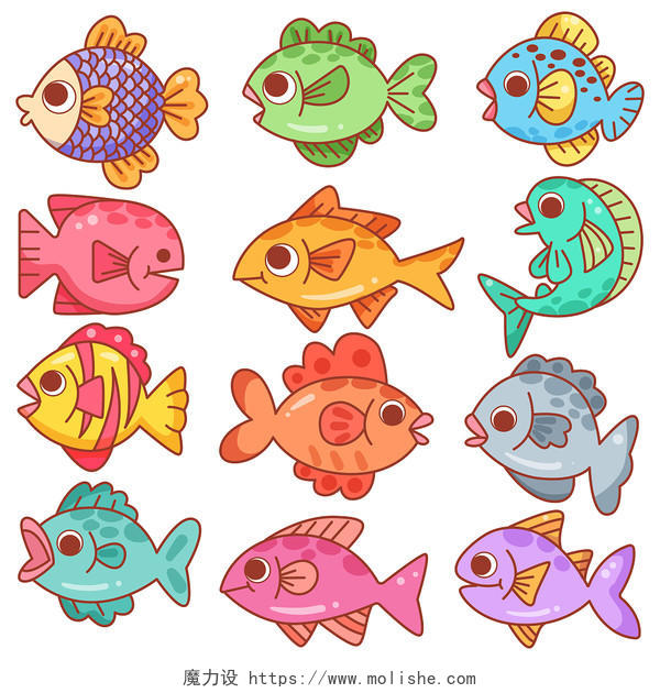 卡通海洋生物鱼锦鲤吉祥组合图插画素材png